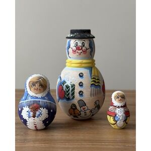 Sergiyev Posad Russian Nesting Doll 3-Pc Set Hand Painted Wooden Snowman Signed